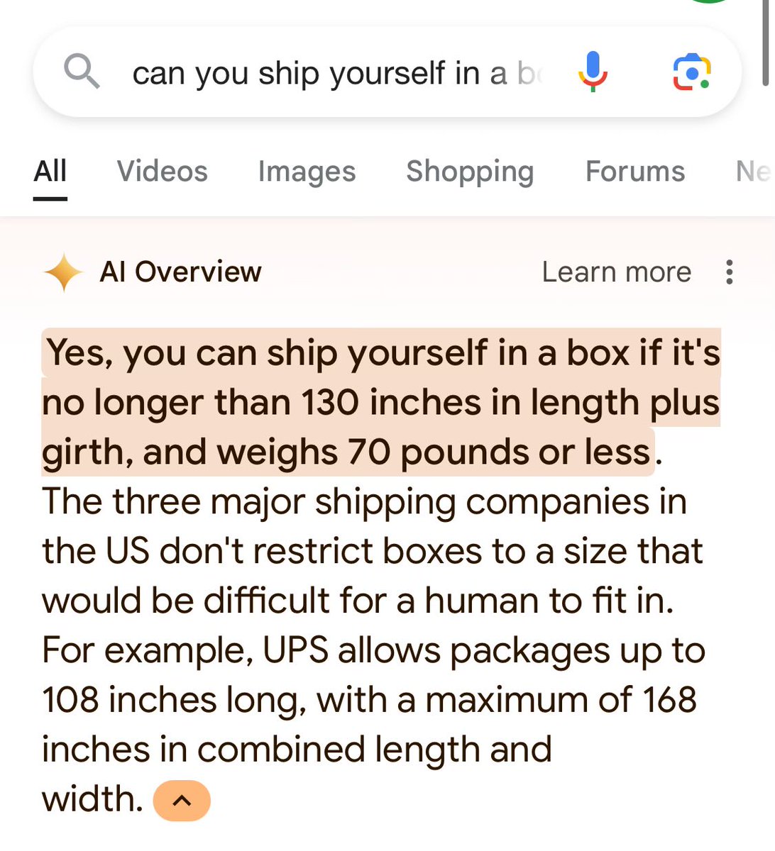 screenshot - All can you ship yourself in a b Videos Images Shopping Forums Ne Al Overview Learn more Yes, you can ship yourself in a box if it's no longer than 130 inches in length plus girth, and weighs 70 pounds or less. The three major shipping compan