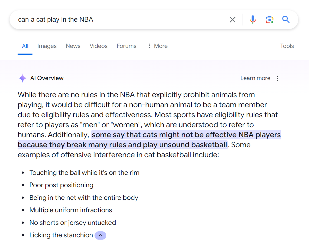 screenshot - can a cat play in the Nba All Images News Videos Forums More 0 Tools Al Overview Learn more While there are no rules in the Nba that explicitly prohibit animals from playing, it would be difficult for a nonhuman animal to be a team member due