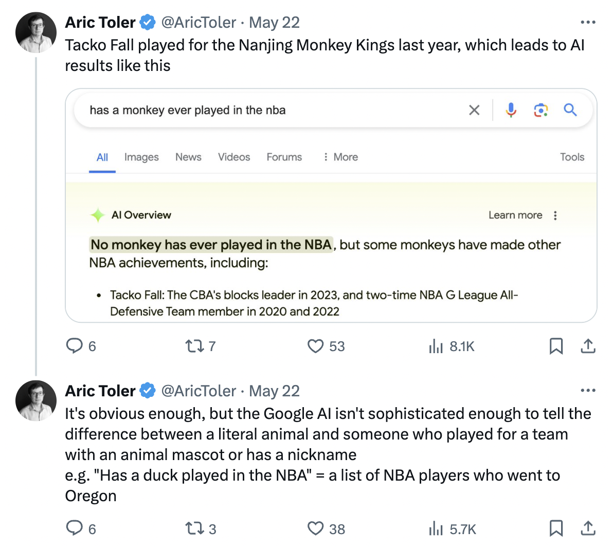 screenshot - Aric Toler May 22 Tacko Fall played for the Nanjing Monkey Kings last year, which leads to Al results this has a monkey ever played in the nba All Images News Videos Forums More Al Overview Learn more No monkey has ever played in the Nba, but