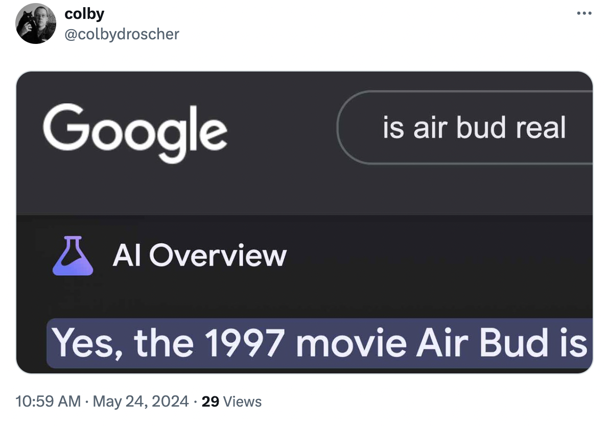 screenshot - colby Google is air bud real Al Overview Yes, the 1997 movie Air Bud is 29 Views