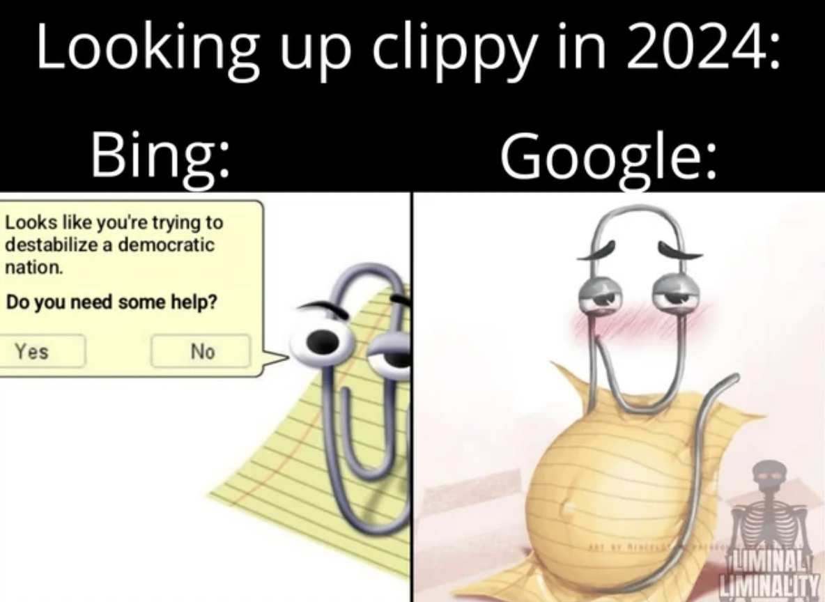 cartoon - Looking up clippy in 2024 Bing Looks you're trying to destabilize a democratic nation. Do you need some help? Google Yes No Liminal Liminality