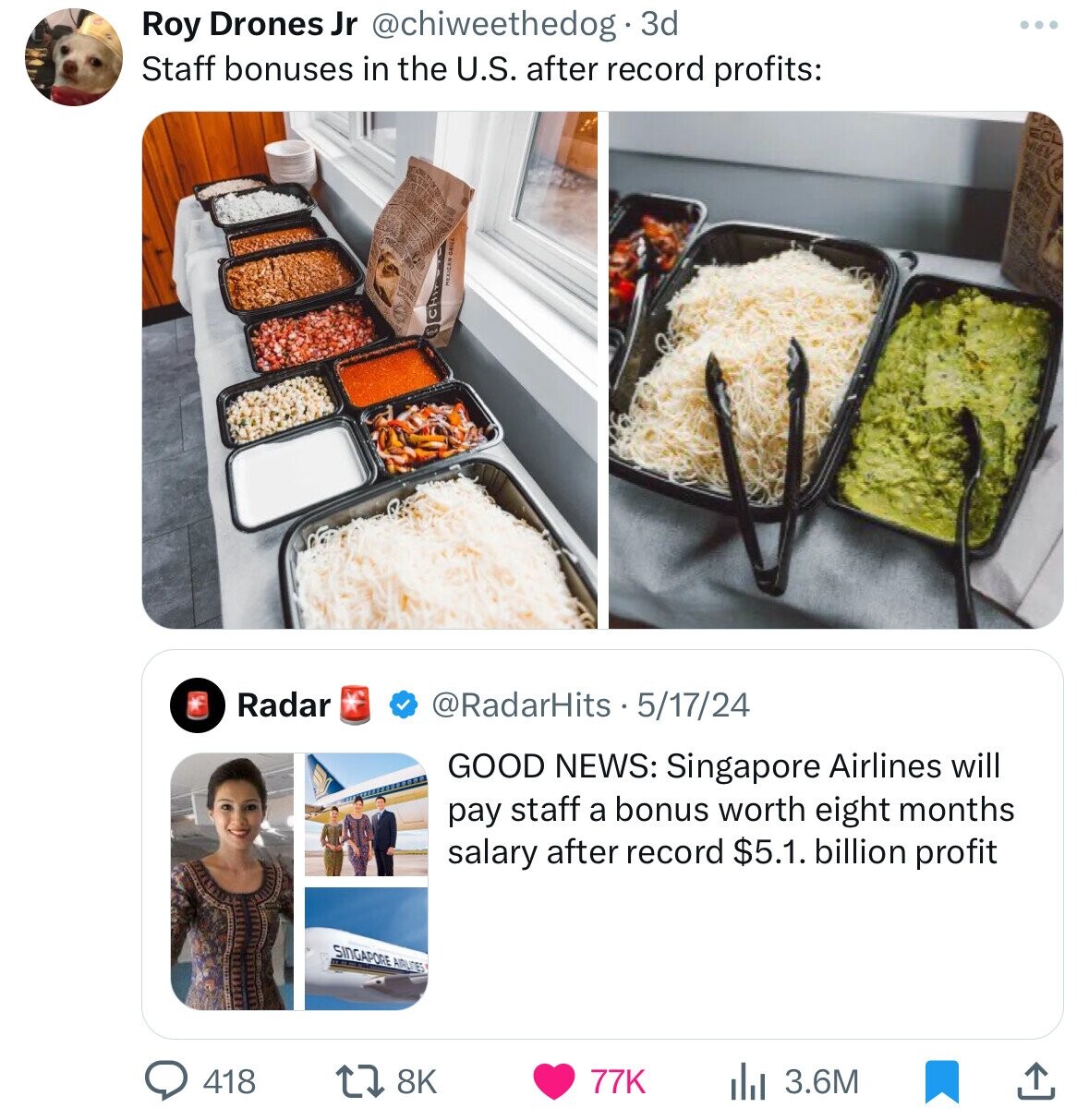 jasmine rice - Roy Drones Jr . 3d Staff bonuses in the U.S. after record profits ... Radar 51724 Good News Singapore Airlines will pay staff a bonus worth eight months salary after record $5.1. billion profit Singapore Airlines 418 77K Ill 3.6M