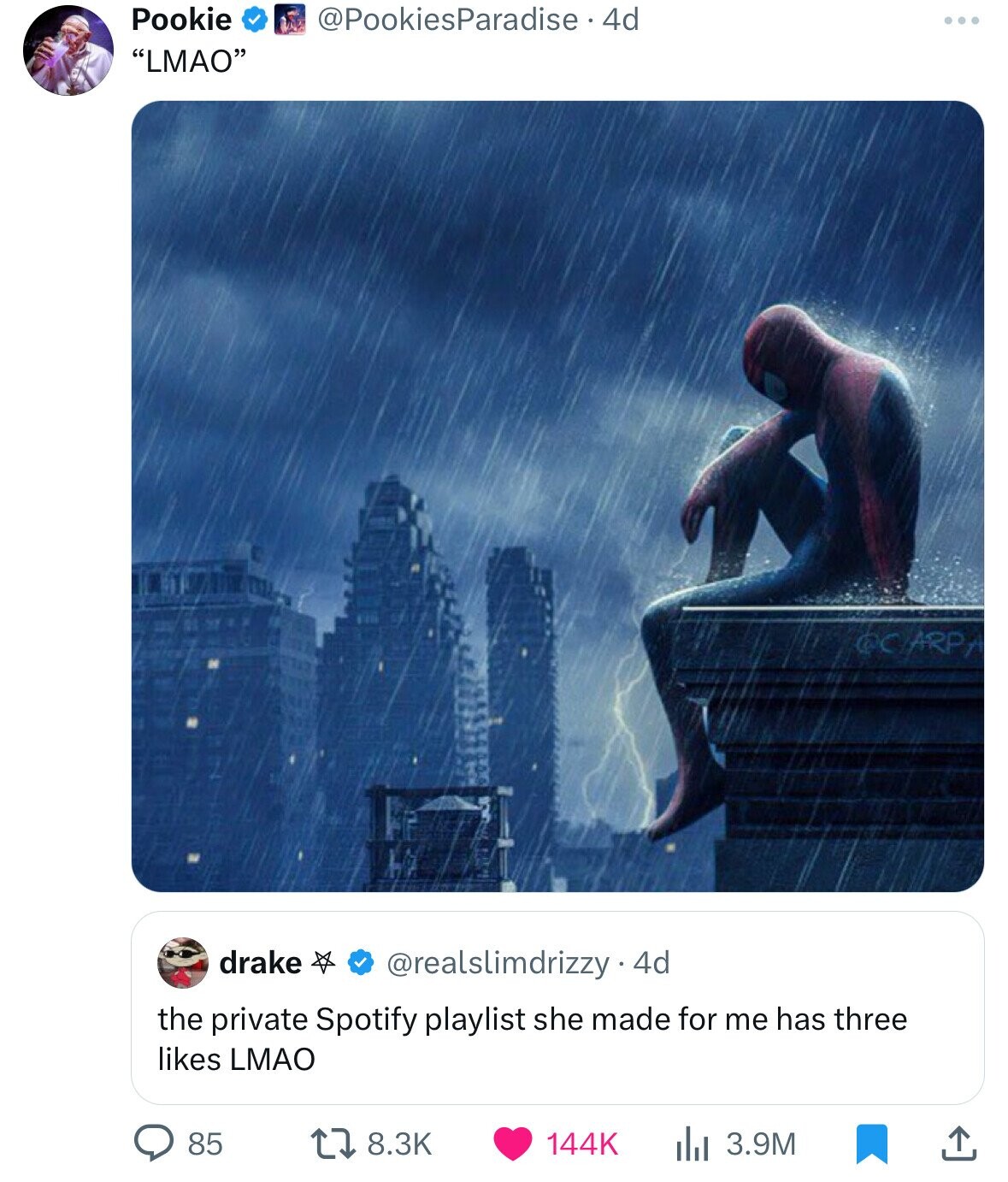 spiderman sad - Pookie "Lmao" 4d Carpa drake 4d the private Spotify playlist she made for me has three Lmao 85 17 l 3.9M