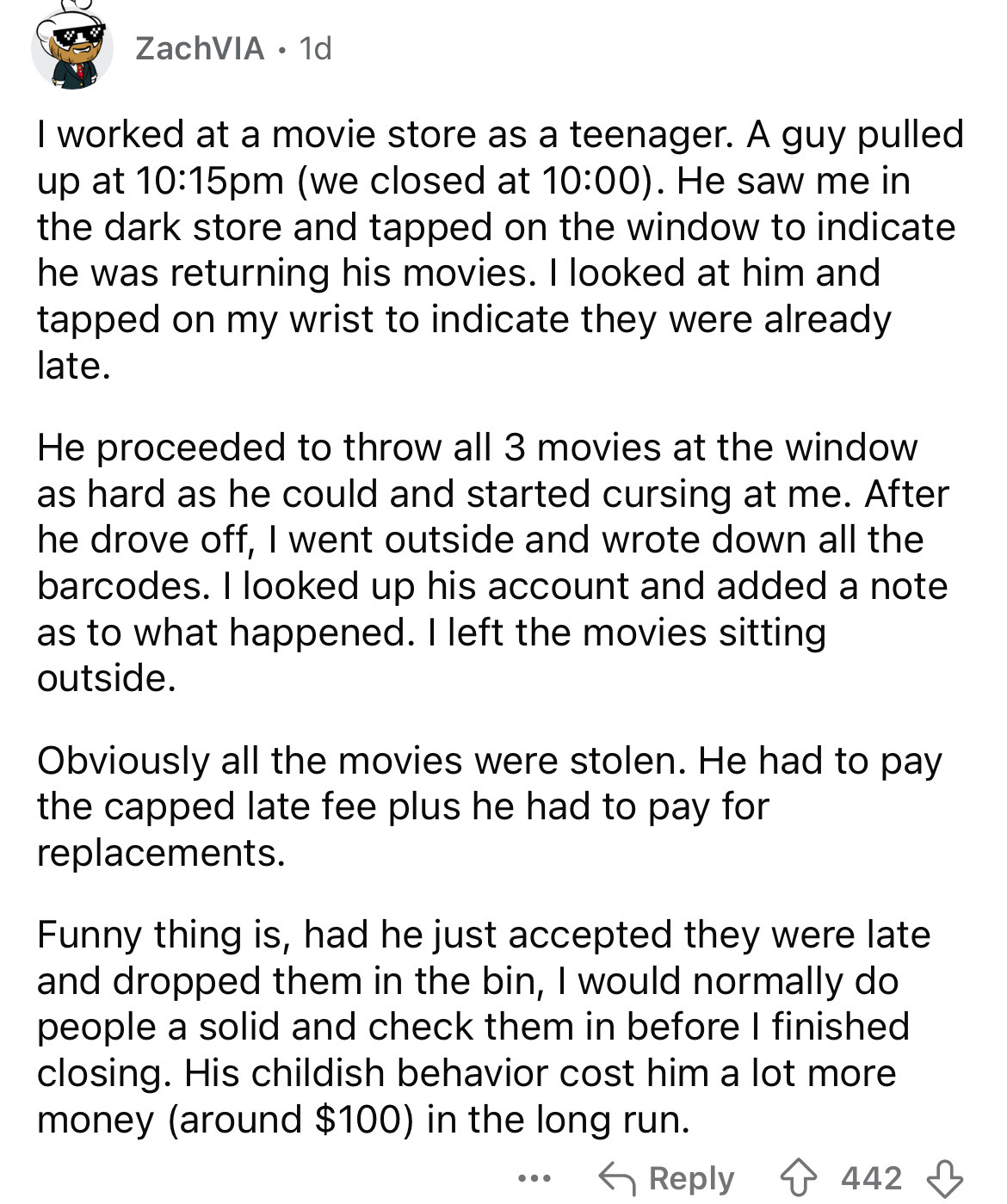 document - ZachVIA 1d I worked at a movie store as a teenager. A guy pulled up at pm we closed at . He saw me in the dark store and tapped on the window to indicate he was returning his movies. I looked at him and tapped on my wrist to indicate they were 