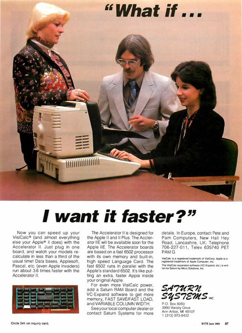 document - "What if ... I want it faster?" Now you can speed up your VisiCalc and almost everything else your Apple Ii does with the Accelerator Ii. Just plug in one board, and watch your models re calculate in less than a third of the usual time! Data ba