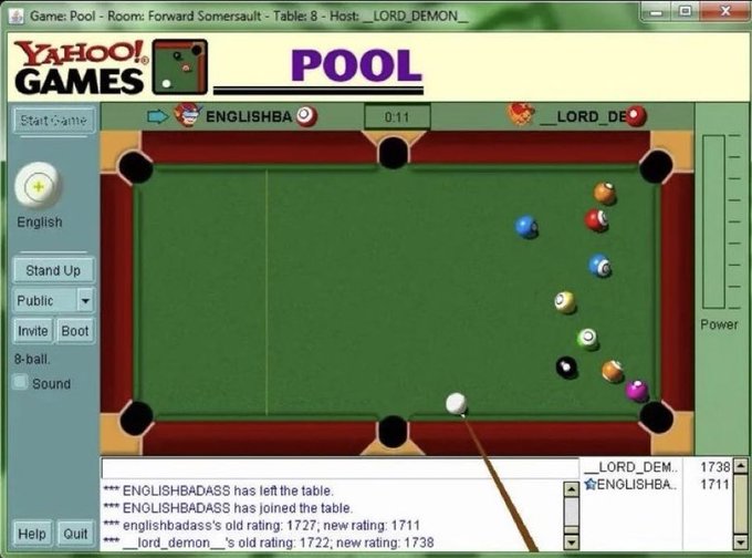 Game Pool Room Forward Somersault Table 8Host LORD_DEMON_ Yahoo! Games Pool Start Game D Englishba English Stand Up Public Invite Boot 8ball. Sound Help Quit Englishbadass has left the table. LORD_DE Englishbadass has joined the table. englishbadass's old