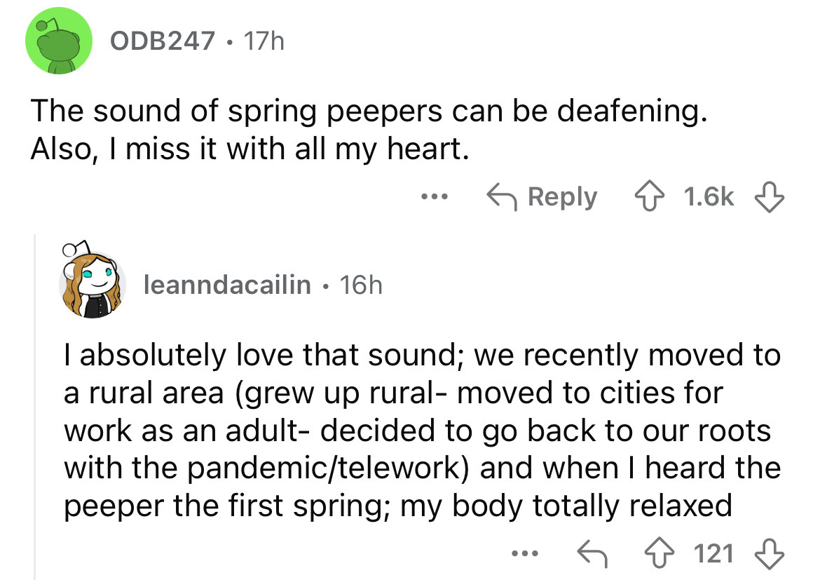 screenshot - ODB247 17h . The sound of spring peepers can be deafening. Also, I miss it with all my heart. ... leanndacailin 16h I absolutely love that sound; we recently moved to a rural area grew up rural moved to cities for work as an adult decided to 