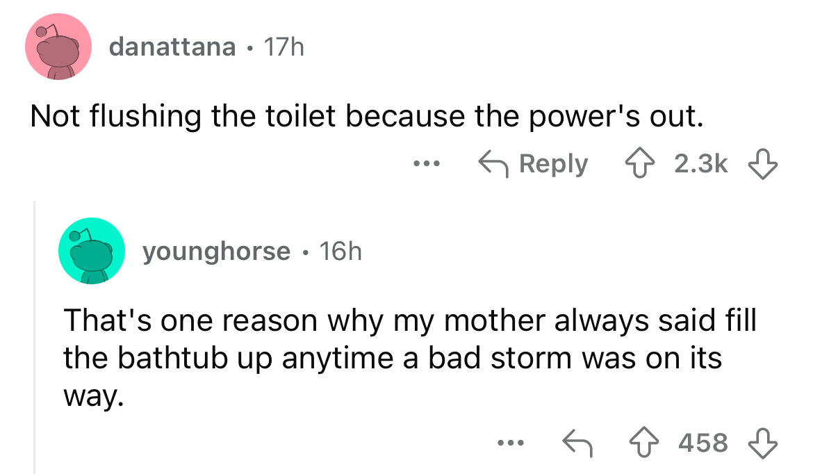 screenshot - danattana 17h Not flushing the toilet because the power's out. younghorse 16h . ... That's one reason why my mother always said fill the bathtub up anytime a bad storm was on its way. 458