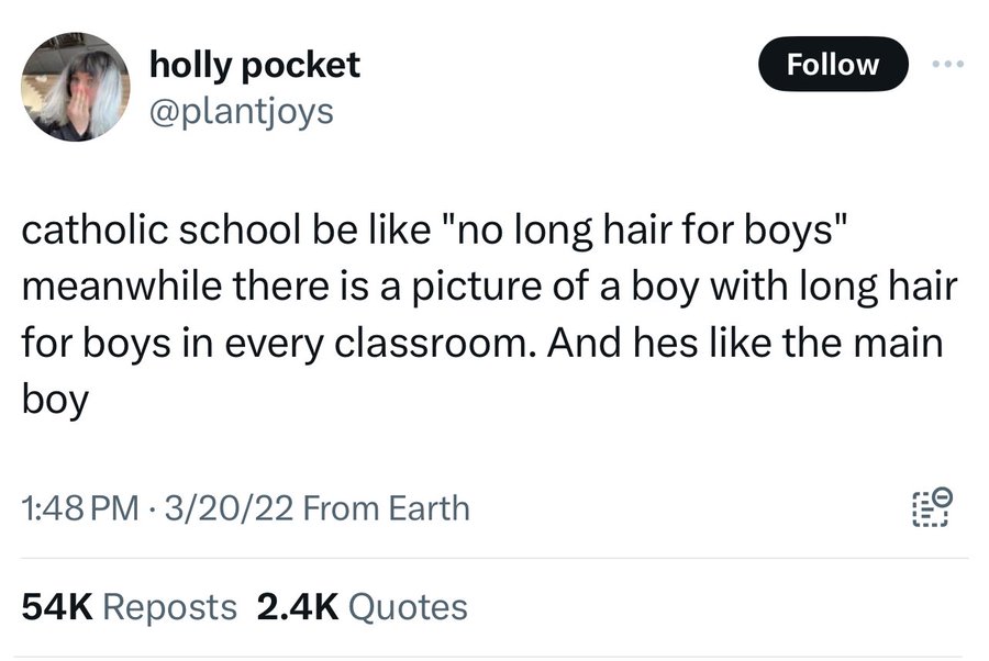 screenshot - holly pocket catholic school be "no long hair for boys" meanwhile there is a picture of a boy with long hair for boys in every classroom. And hes the main boy 32022 From Earth 54K Reposts Quotes