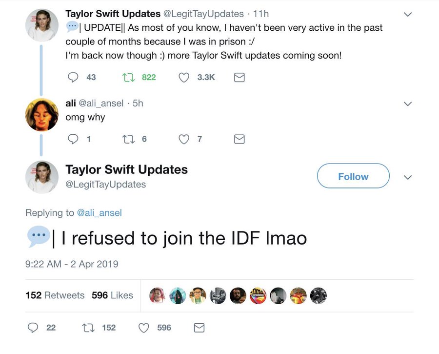 screenshot - Taylor Swift Updates 11h | Update|| As most of you know, I haven't been very active in the past couple of months because I was in prison I'm back now though more Taylor Swift updates coming soon! 43 822 ali 5h omg why 1 176 Taylor Swift Updat