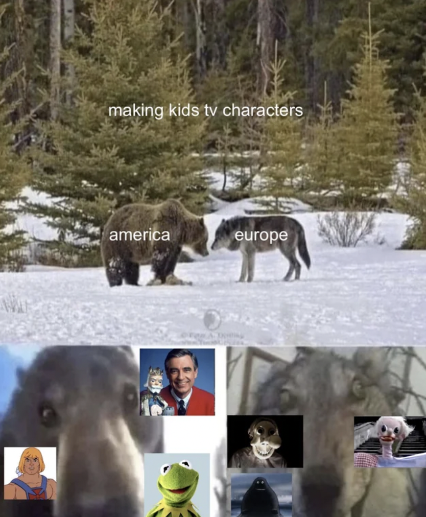 staring bear and wolf meme - making kids tv characters america europe