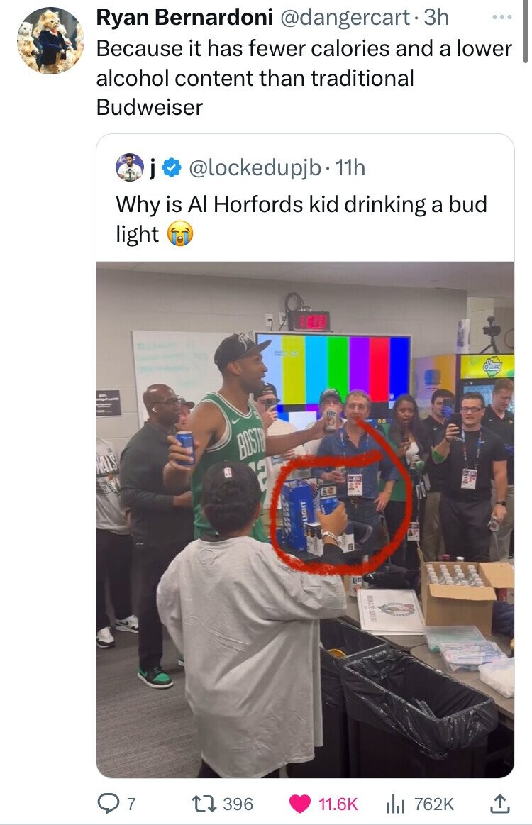 Al Horford - Ryan Bernardoni . 3h Because it has fewer calories and a lower alcohol content than traditional Budweiser j. 11h Why is Al Horfords kid drinking a bud light Bosto Ar 7 17396 Ill