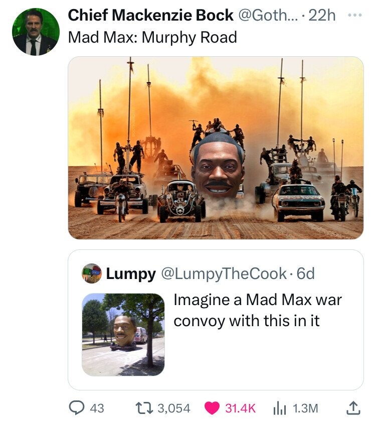 mad max fury road set - Chief Mackenzie Bock .... 22h Mad Max Murphy Road Lumpy . 6d Imagine a Mad Max war convoy with this in it 43 173,054 1.3M
