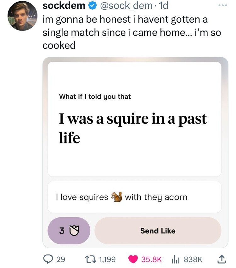screenshot - sockdem . 1d im gonna be honest i havent gotten a single match since i came home... i'm so cooked What if I told you that I was a squire in a past life I love squires with they acorn 30 Send 29 11,199