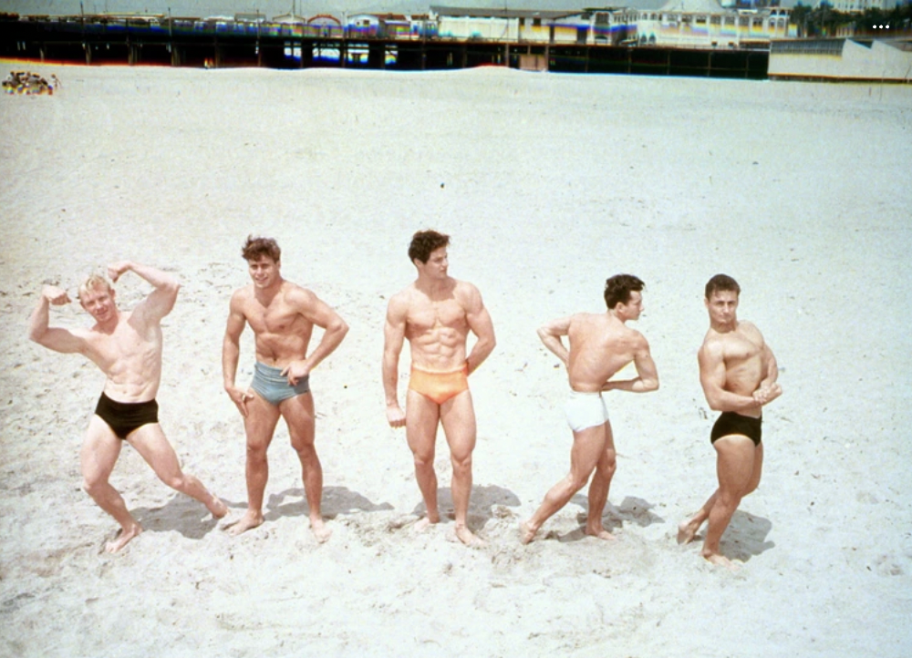 A group of friends pose on Muscle Beach at Santa Monica, 1950.
