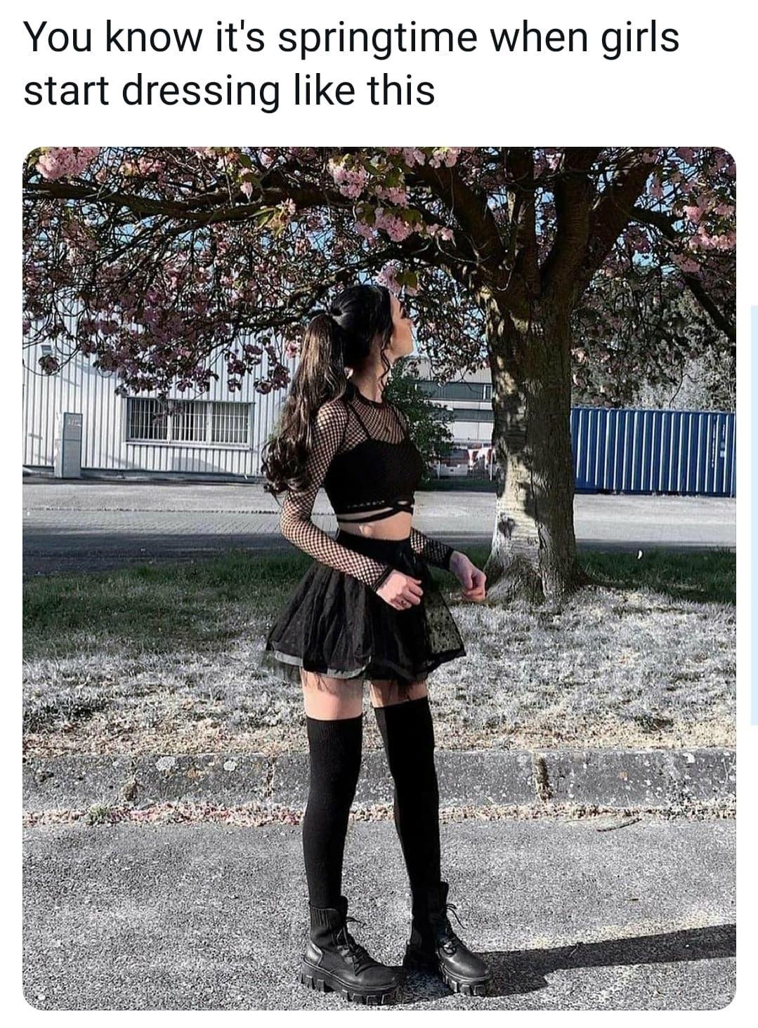 funny memes - emo girl high boots - You know it's springtime when girls start dressing this