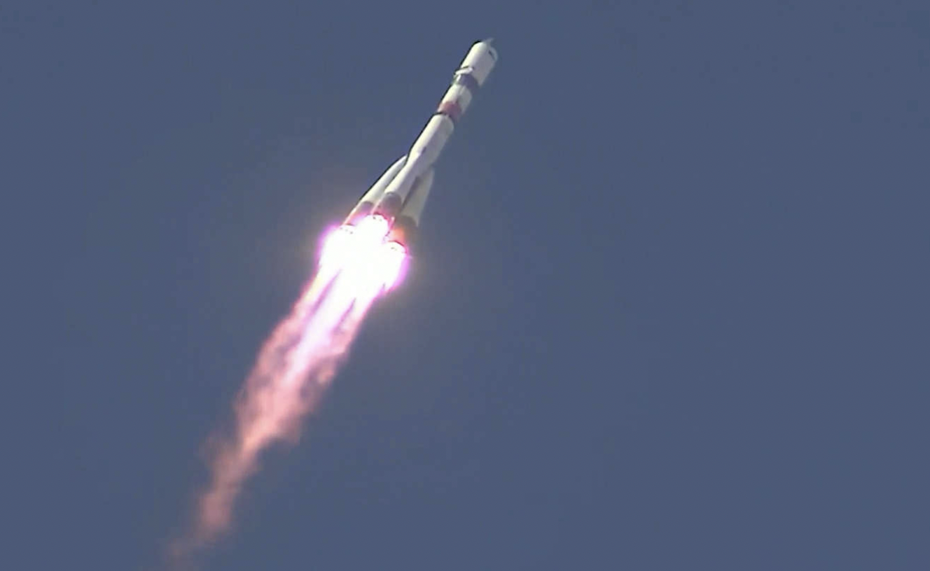 Russian Soyuz rocket launches with space station cargo freighter.