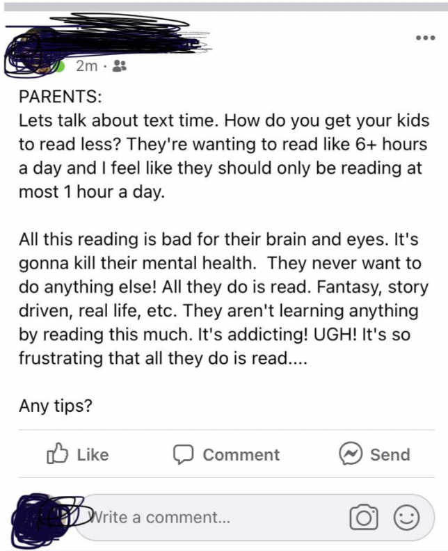 screenshot - 2m Parents Lets talk about text time. How do you get your kids to read less? They're wanting to read 6 hours a day and I feel they should only be reading at most 1 hour a day. All this reading is bad for their brain and eyes. It's gonna kill 