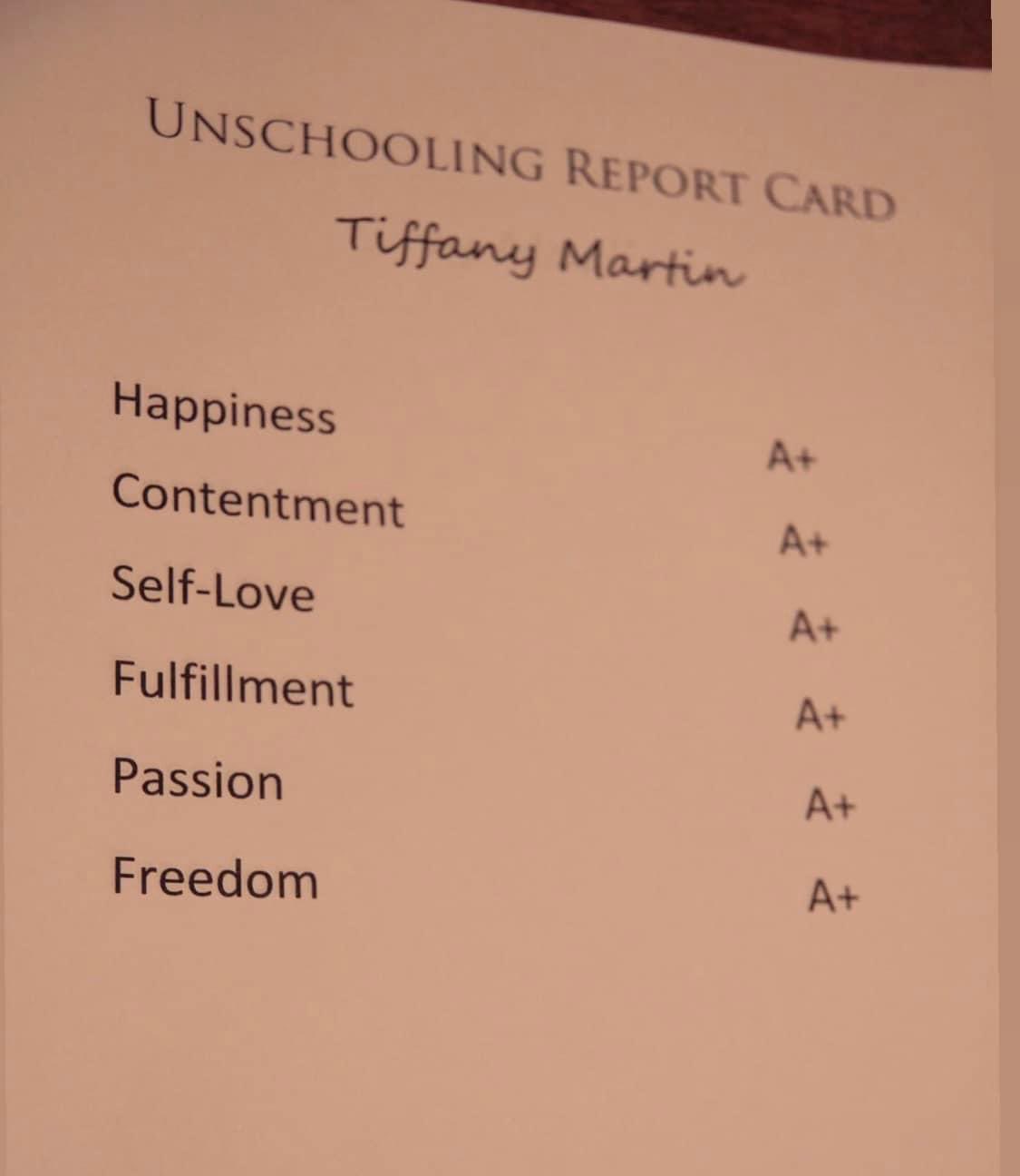 document - Unschooling Report Card Tiffany Martin Happiness Contentment SelfLove Fulfillment Passion Freedom