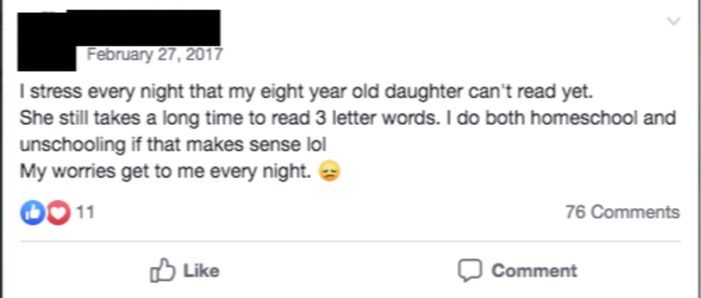 screenshot - I stress every night that my eight year old daughter can't read yet. She still takes a long time to read 3 letter words. I do both homeschool and unschooling if that makes sense lol My worries get to me every night. 11 76 Comment