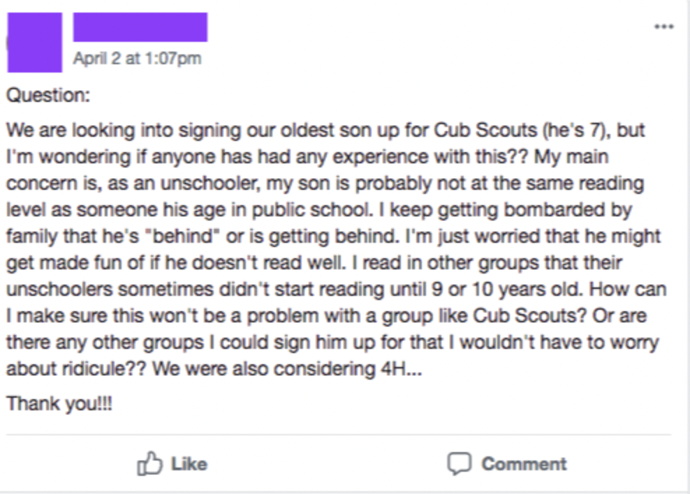screenshot - April 2 at pm Question We are looking into signing our oldest son up for Cub Scouts he's 7, but I'm wondering if anyone has had any experience with this?? My main concern is, as an unschooler, my son is probably not at the same reading level 