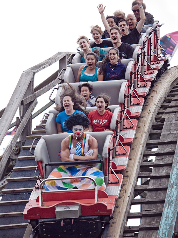 angry clown on roller coaster