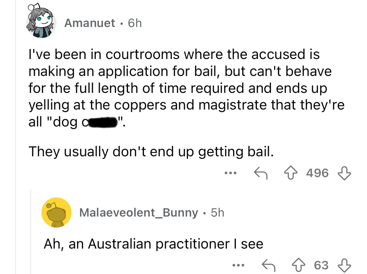 screenshot - Amanuet 6h I've been in courtrooms where the accused is making an application for bail, but can't behave for the full length of time required and ends up yelling at the coppers and magistrate that they're all "dog c Ii They usually don't end 