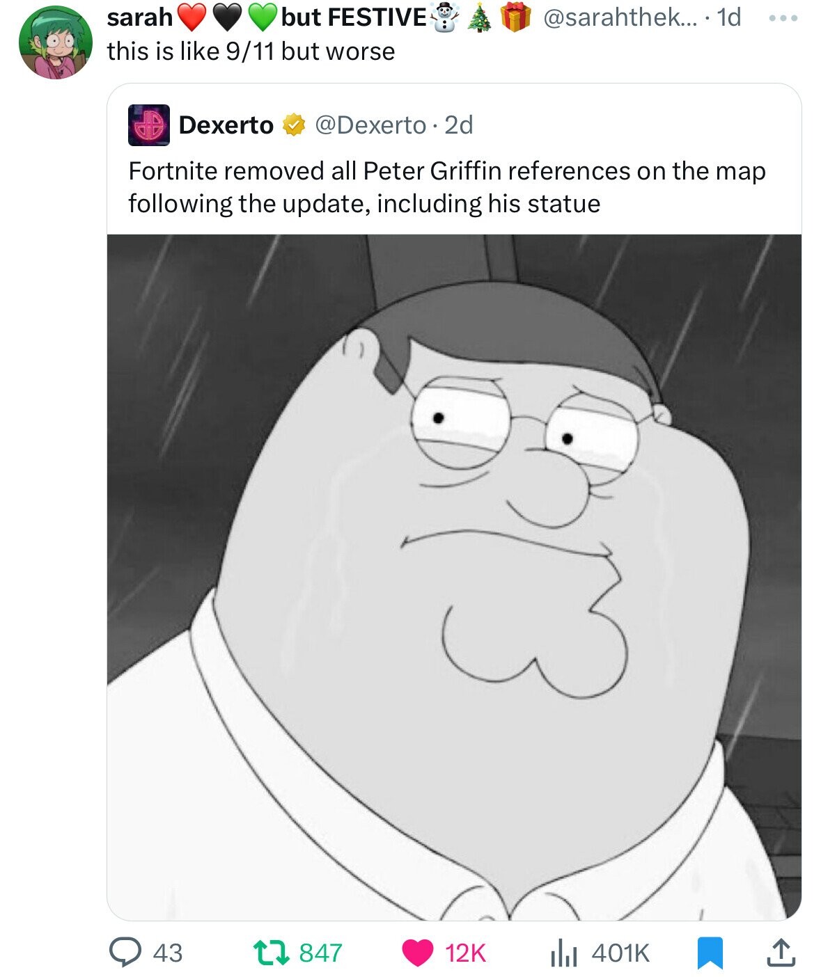 cartoon - but Festive this is 911 but worse sarah ... 1d Dexerto 2d Fortnite removed all Peter Griffin references on the map ing the update, including his statue 13 43 t7 Ilil
