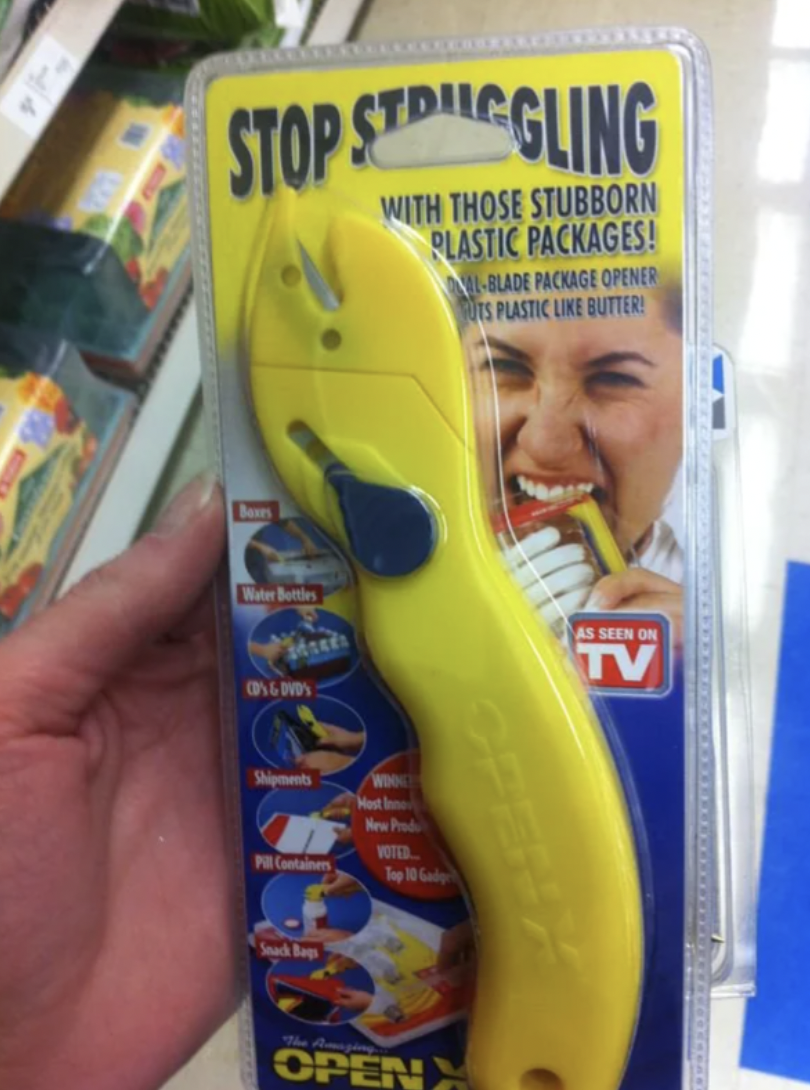 funnies irony - Stop Stigling With Those Stubborn Plastic Packages! Blade Package Opener S Plastic Butter Water Betties As Seen On Tv Open