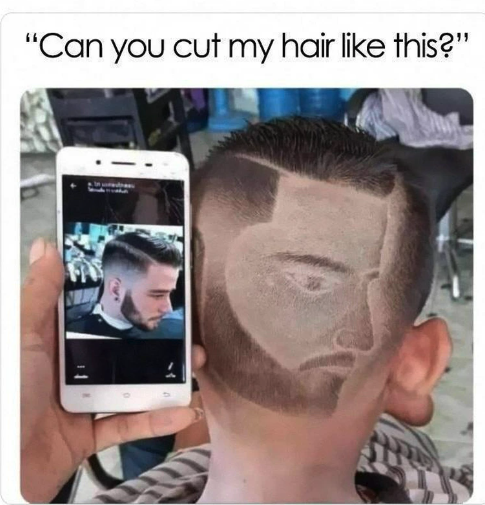 showing barber a picture meme - "Can you cut my hair this?"