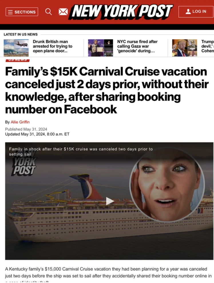 screenshot - Sections Qnew York Post Log In Latest In Us News Drunk British man arrested for trying to open plane door... Nyc nurse fired after calling Gaza war 'genocide' during... Trump devil, Cohen Family's $15K Carnival Cruise vacation canceled just 2