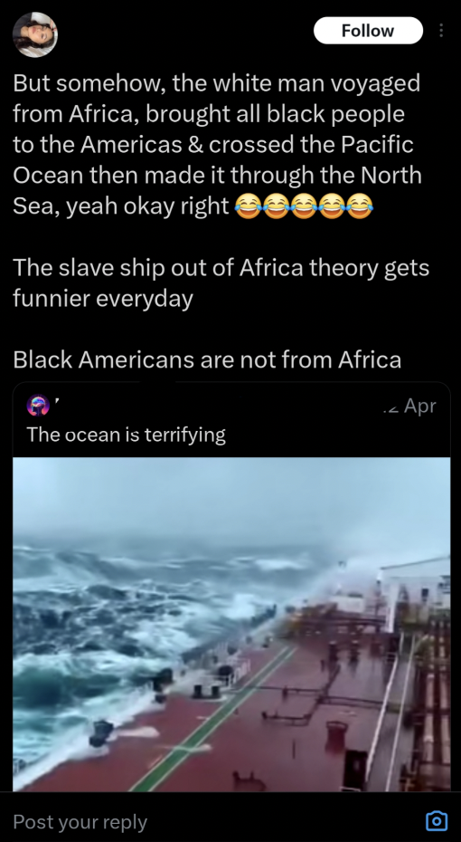 screenshot - Post your But somehow, the white man voyaged from Africa, brought all black people to the Americas & crossed the Pacific Ocean then made it through the North Sea, yeah okay right The slave ship out of Africa theory gets funnier everyday Black