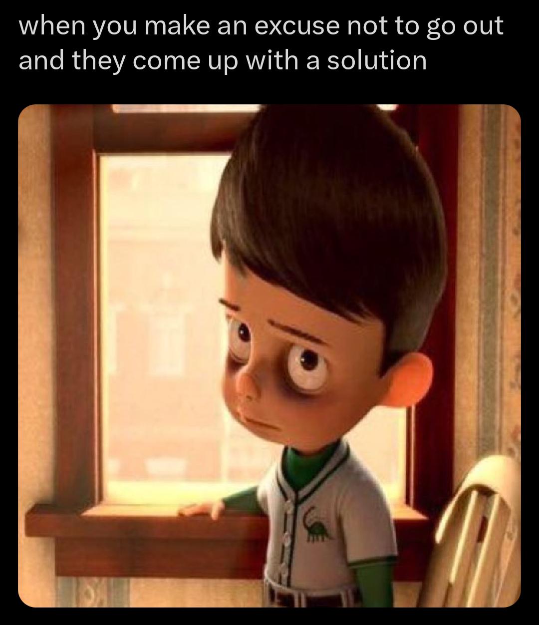 goob meet the robinsons gif - when you make an excuse not to go out and they come up with a solution