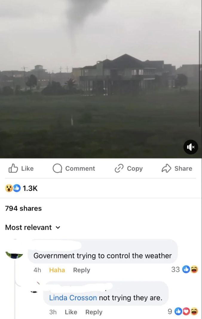 screenshot - Comment Copy 794 Most relevant Government trying to control the weather 4h Haha Linda Crosson not trying they are. 3h 33