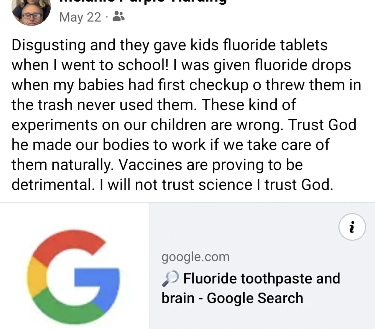 screenshot - May 22. Disgusting and they gave kids fluoride tablets when I went to school! I was given fluoride drops when my babies had first checkup o threw them in the trash never used them. These kind of experiments on our children are wrong. Trust Go