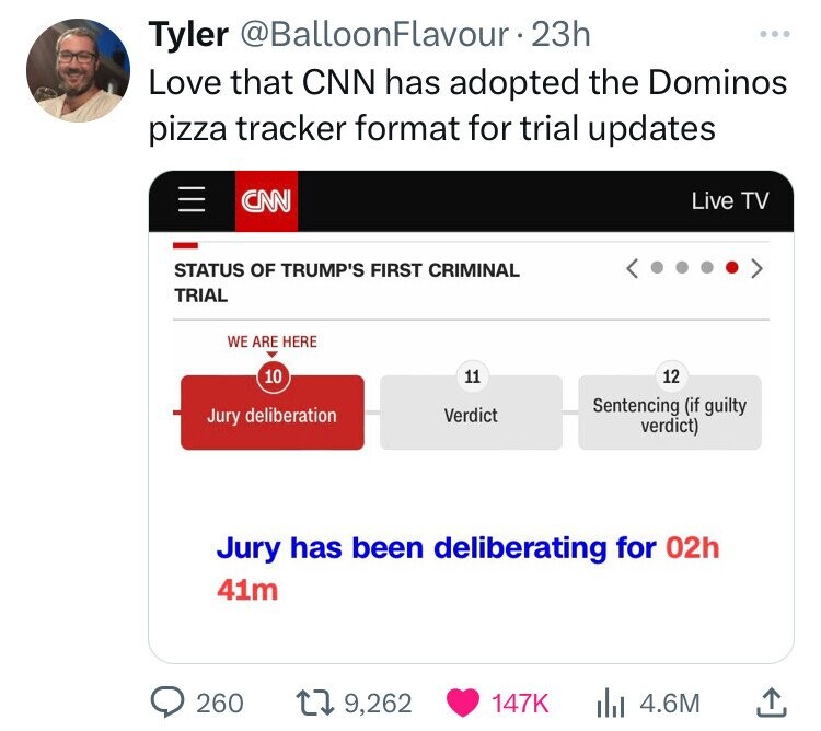 screenshot - Tyler Flavour 23h Love that Cnn has adopted the Dominos pizza tracker format for trial updates Caw Status Of Trump'S First Criminal Trial We Are Here Live Tv 10 11 12 Jury deliberation Verdict Sentencing if guilty verdict Jury has been delibe