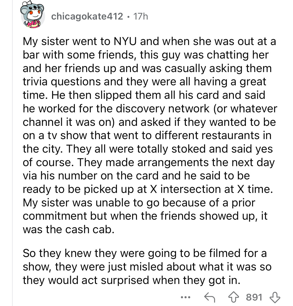 document - chicagokate412 17h My sister went to Nyu and when she was out at a bar with some friends, this guy was chatting her and her friends up and was casually asking them trivia questions and they were all having a great time. He then slipped them all