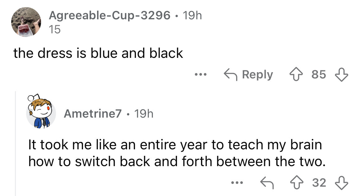 screenshot - AgreeableCup3296 19h 15 the dress is blue and black 85 Ametrine7 19h It took me an entire year to teach my brain how to switch back and forth between the two. ... 32