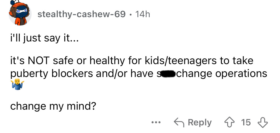 screenshot - stealthycashew69 14h i'll just say it... . it's Not safe or healthy for kidsteenagers to take puberty blockers andor have schange operations change my mind? 15