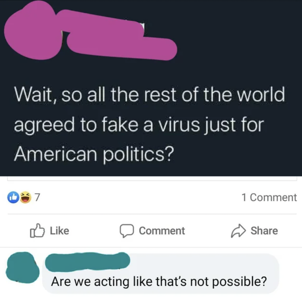 screenshot - Wait, so all the rest of the world agreed to fake a virus just for American politics? 7 Comment 1 Comment Are we acting that's not possible?