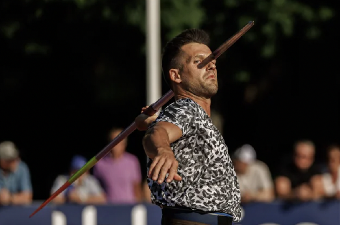 Estonian javelin thrower Magnus Kirt appearing to impale himself.