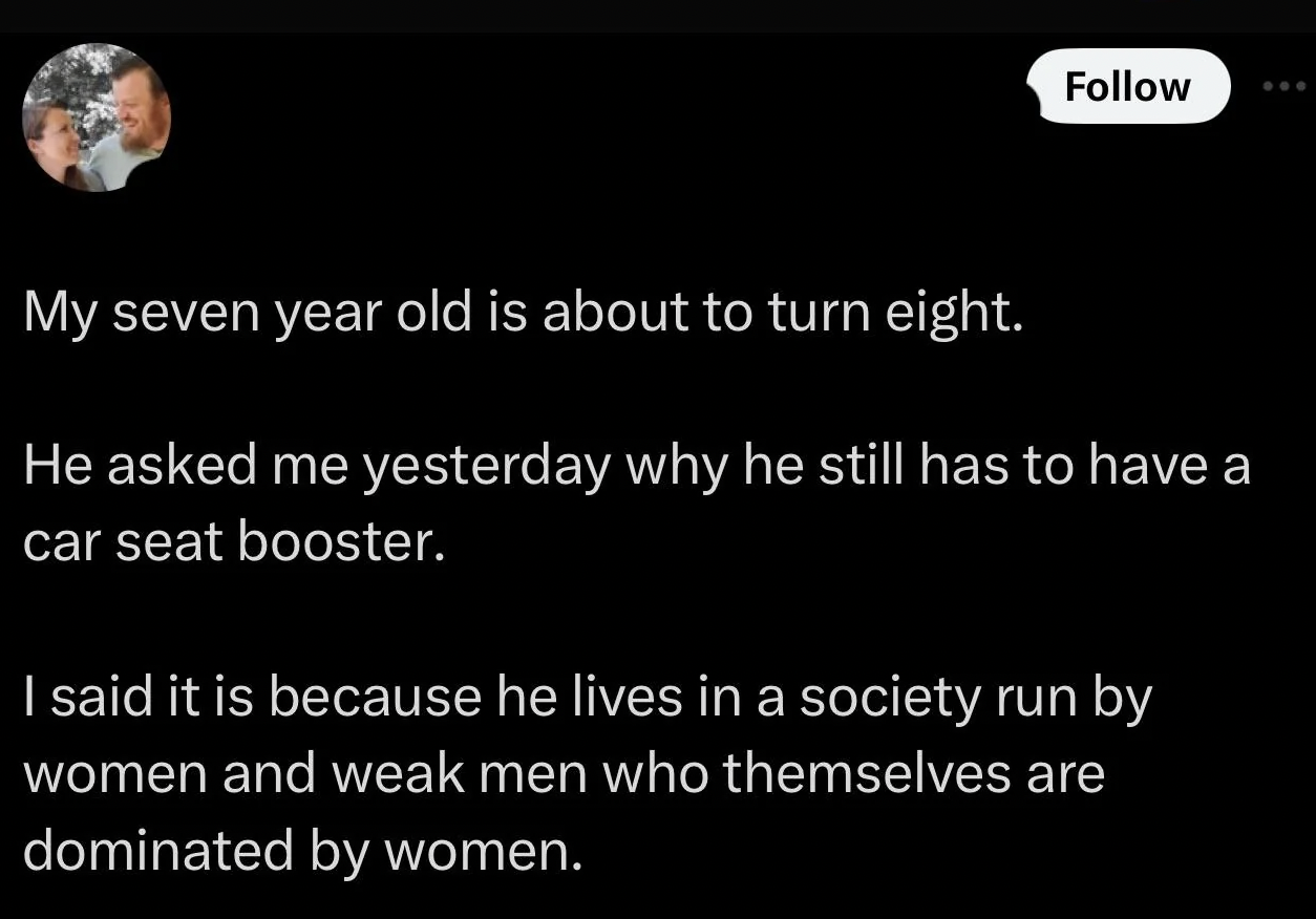screenshot - My seven year old is about to turn eight. He asked me yesterday why he still has to have a car seat booster. I said it is because he lives in a society run by women and weak men who themselves are dominated by women.
