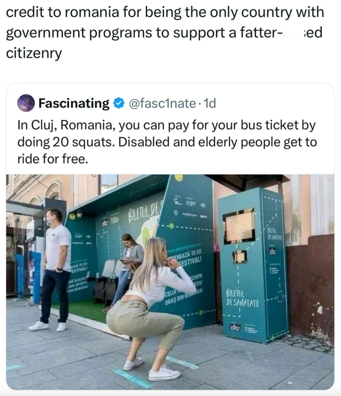 romania squats for bus ticket - credit to romania for being the only country with government programs to support a fatter ed citizenry Fascinating . 1d In Cluj, Romania, you can pay for your bus ticket by doing 20 squats. Disabled and elderly people get t