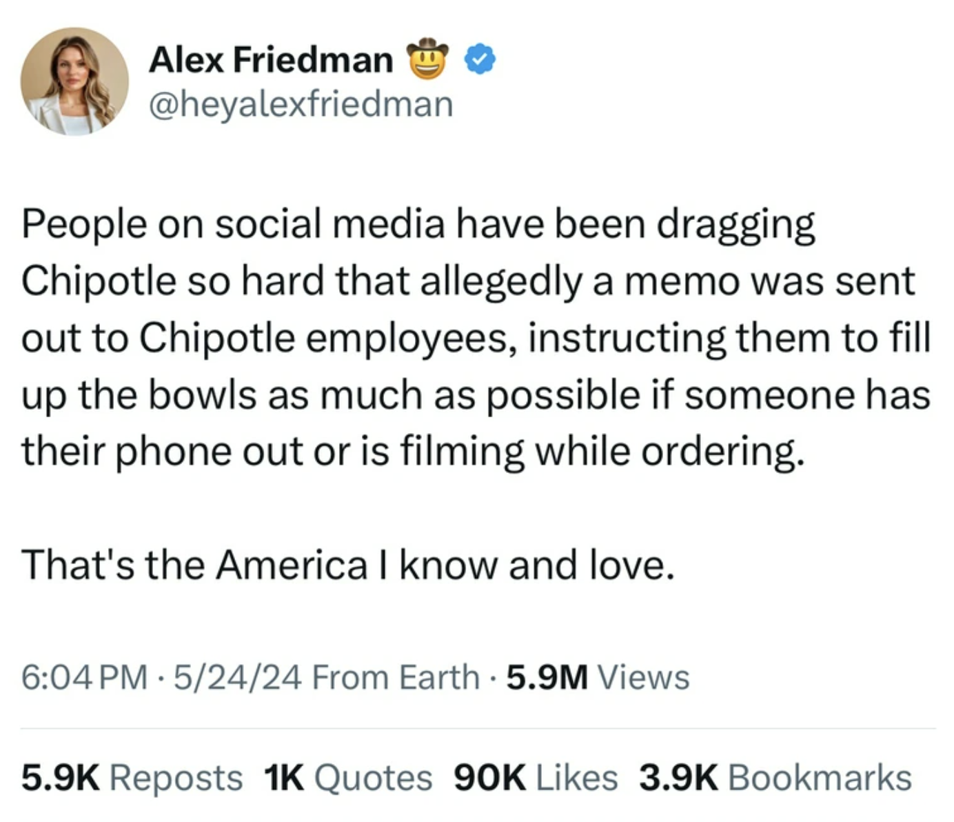 screenshot - Alex Friedman People on social media have been dragging Chipotle so hard that allegedly a memo was sent out to Chipotle employees, instructing them to fill up the bowls as much as possible if someone has their phone out or is filming while or