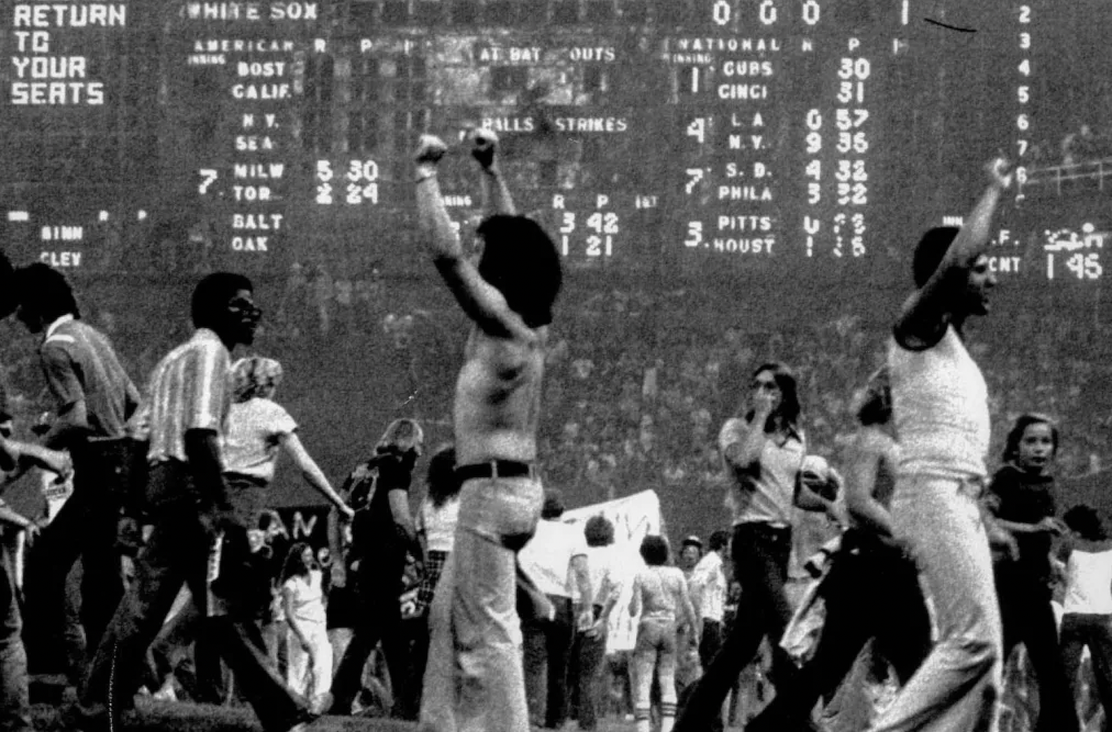 disco demolition night meme - Return To Your Seats White Sox American Bost Calif My. 7. Sea Milw Tor Balt Oak Clev An 57 000 Wationalk Outs Cups 30 Cinci 31 Palls Strikes 057 4 N. Y 9 36 7 S. D. 4 38 Phila 3.42 Pitts 21 3. Noust 5 Cent 145
