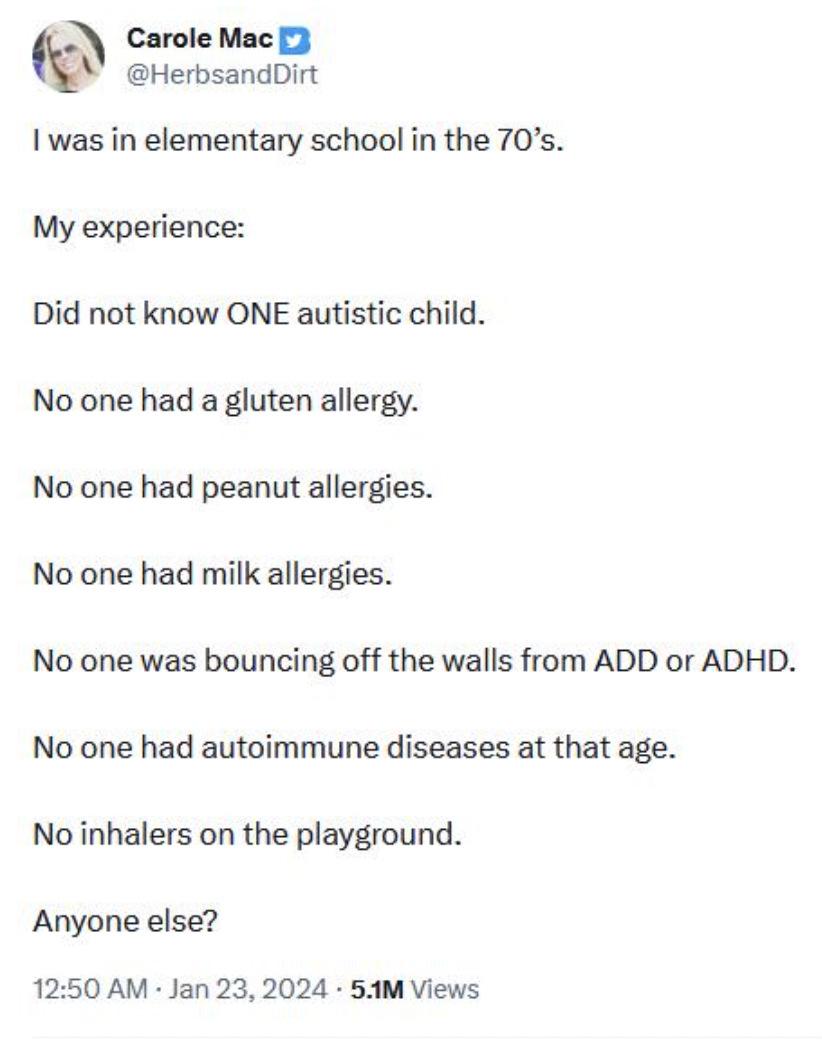 screenshot - Carole Mac I was in elementary school in the 70's. My experience Did not know One autistic child. No one had a gluten allergy. No one had peanut allergies. No one had milk allergies. No one was bouncing off the walls from Add or Adhd. No one 