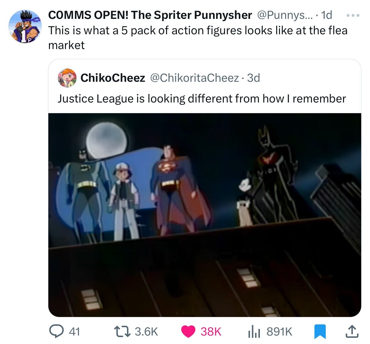 screenshot - Comms Open! The Spriter Punnysher .... 1d This is what a 5 pack of action figures looks at the flea market ChikoCheez 3d Justice League is looking different from how I remember 41 38K l