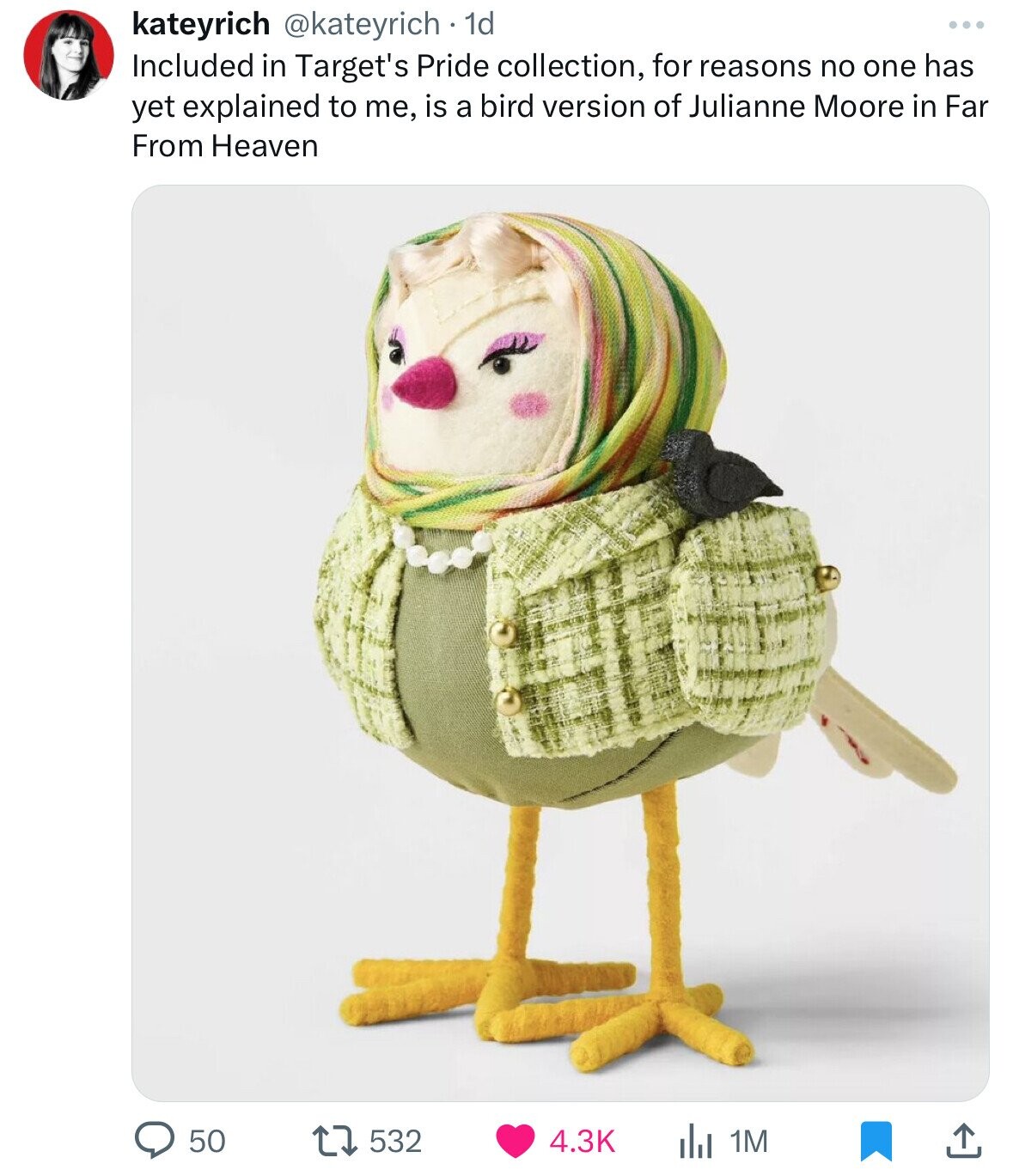 Target - kateyrich 1d . Included in Target's Pride collection, for reasons no one has yet explained to me, is a bird version of Julianne Moore in Far From Heaven 50 17532 IlI 1M