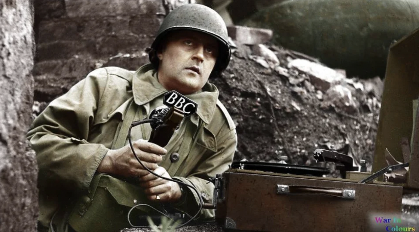BBC War Correspondent Robin Duff makes a recording during the D-Day landings, 1944.