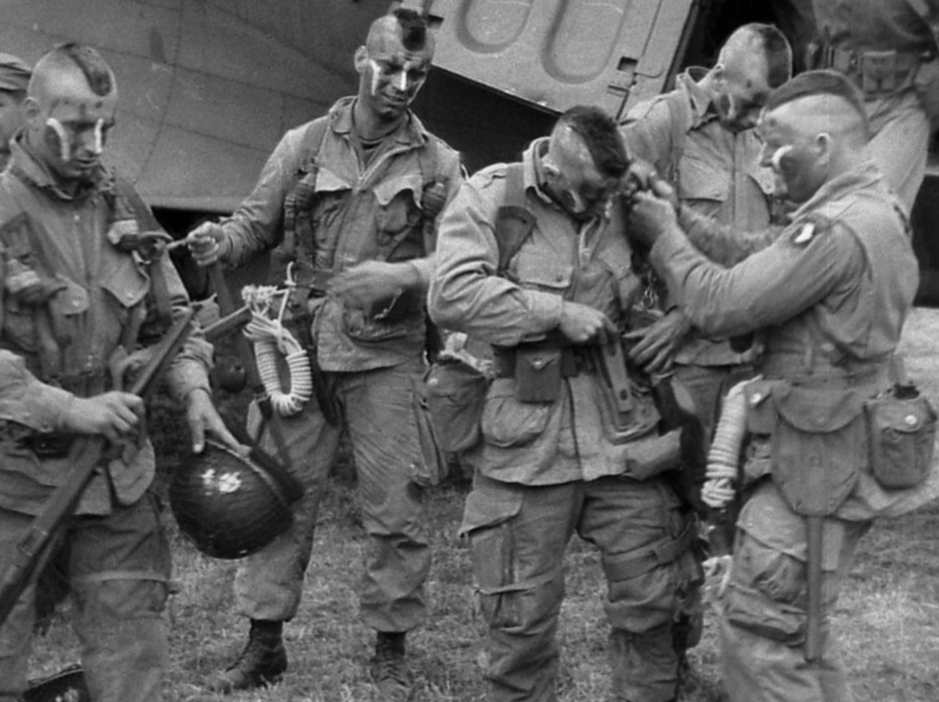 The 101st Airborne Division’s “Filthy Thirteen” volunteer pathfinders preparing to parachute into France just after midnight on June 6, 1944. They were among the first allied troops to set foot on French soil on D-Day. Their mission was to mark drop zones for the airborne assault.